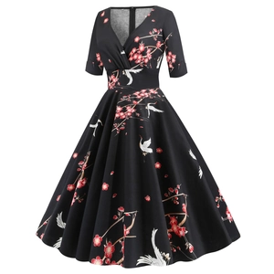 Vintage black V-neck dress with crane and plum blossom print for elegant summer wear