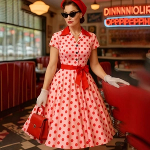 Abito chemisier vintage rosa a pois con colletto rosso e cintura con fiocco