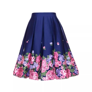 Retro high-waisted navy pleated A-line skirt with elegant purple rose floral print