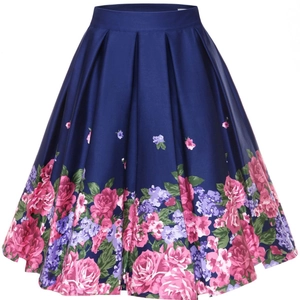 Retro high waist deep blue A-line pleated skirt with vintage rose floral patterns