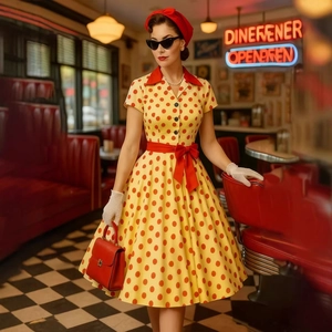 Abito vintage anni '50 giallo a pois stile Hepburn con colletto rosso e cintura