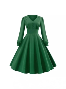 Abito Midi da Donna Vintage Scollo a V Manica Lunga Linea ad A Misto Cotone Bottone Vita Slim Swing Abiti da Festa per Autunno Inverno