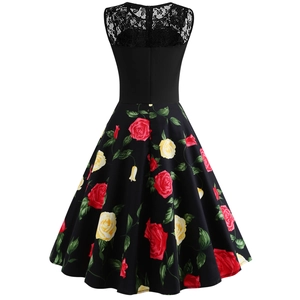Vue arrière de robe vintage ligne A avec dentelle noire et imprimé fleuri de roses