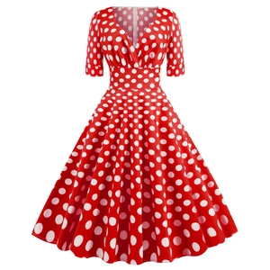 Abito da Donna Vintage a Pois Midi Scollo a V Manica Corta Stile Hepburn Anni 50 Linea A Swing Vestito da Festa Cotone Retrò Estivo