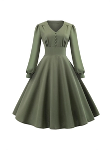 Abito vintage verde scuro con scollo a V, maniche lunghe e gonna a ruota svasata