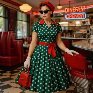 Abito retrò a pois verde scuro anni '50 con colletto rosso e cintura a fiocco in un diner