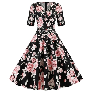 Women Vintage Rose Print V Neck Short Sleeve Swing Dress Elegant Hepburn Style Black Floral Midi A-Line Party Dress