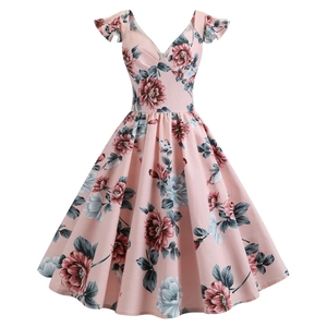 Robe Midi Fleurie Vintage à Col en V pour Femmes Manches Papillon Taille Haute Ligne A Coton Rétro Élégante Robe de Fête
