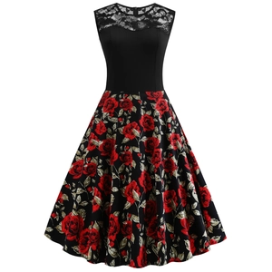 Robe Midi Rétro Femme Sans Manches Élégante Patchwork en Dentelle Imprimé Floral Style Hepburn Trapèze Robe de Fête Coton