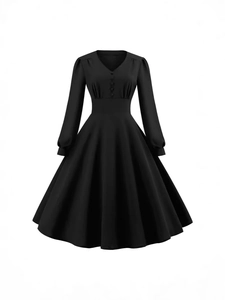 Abito vintage nero a maniche lunghe con scollo a V e gonna a trapezio per donna elegante