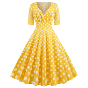Abito giallo retrò a pois con scollo a V, mezze maniche e ampia fascia in vita