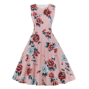 Women Vintage Sleeveless Floral Print Midi A-Line Swing Dress Round Neck Cotton Retro Party Dress For Summer
