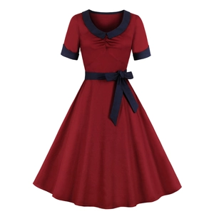 Vintage Contrast Peter Pan Collar Short Sleeve A-Line Mini Dress With Bow Tie Belt Hepburn Style Women Retro Party Dress