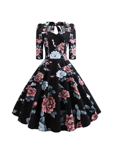 Abito Midi da Donna Vintage Audrey Hepburn con Stampa Floreale Scollo a Cuore Fiocco Linea A Swing Party Mezza Manica Cotone