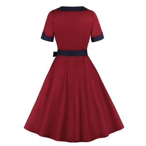 Vintage red A-line dress with contrast collar and waist belt back view design