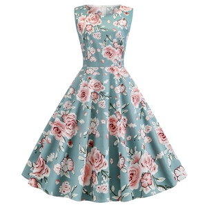 Robe Midi Trapèze Vintage sans Manches Col Rond Imprimé Floral pour Femmes Rétro Taille Haute Mélange de Coton Fête