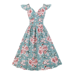 Robe midi vintage bleue à col en V avec imprimé floral rose et manches volantes