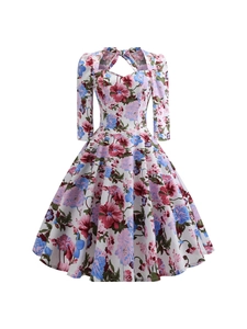 Abito vintage a fiori linea A con scollo a cuore e fiocco in stile Hepburn anni Cinquanta
