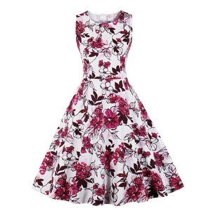 Close-up of sleeveless floral A-line dress with round neck and hidden back zipper