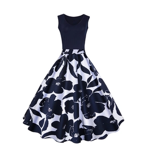 Robe Midi Femme Rétro Col en V Sans Manches Ligne A Imprimé Floral Grande Balançoire Élégant Fête Casual Mélange Coton