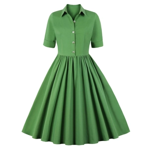 Robe Midi Vintage en Coton pour Femmes Manches Courtes Élégante Revers Boutonné Taille Haute Plissée Ligne A Robe Chemise