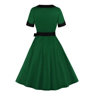 Retro deep green A-line mini dress with black waist belt and short sleeves back view