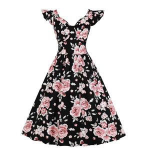 Robe trapèze vintage élégante avec imprimé rose noir et manches à volants