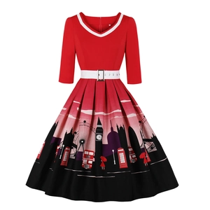 Robe Femme Vintage Style Hepburn Col en V Midi Ligne A Imprimé Rétro Grande Jupe Évasée Robe de Fête Avec Ceinture