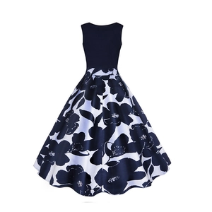 Robe rétro trapèze sans manches avec haut bleu marine et jupe évasée à fleurs