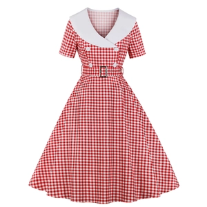 Women's Vintage Gingham Midi Dress Retro Plaid Short Sleeve Sailor Collar A-Line Fit Flare Button Up Tea Dress with Belt