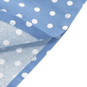 Close-up of blue polka dot dress showing high-quality stitching and woven fabric texture