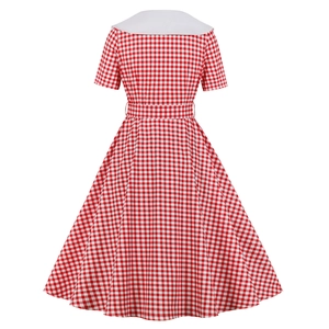 Pink gingham retro dress with a white collar and flared skirt back view display