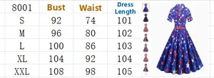 Detailed size chart for vintage high waist American flag print short sleeve dress