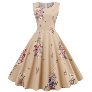 Vintage sleeveless floral Hepburn A-line dress with round neck and full swing skirt