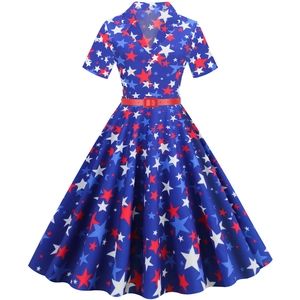 Women's Vintage Independence Day American Flag Print Midi Dress Hepburn Style High Waist Polyester Shirt Dress With Belt