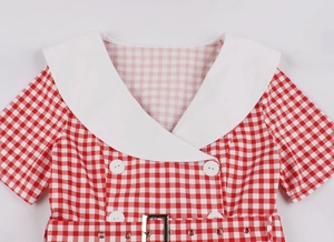 Detail of Barbie-style pink plaid dress with white collar, buttons and matching belt