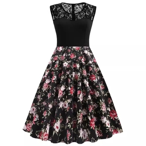 Robe trapèze vintage sans manches avec dentelle noire et jupe à imprimé floral