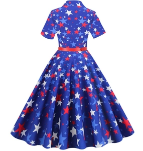 Rear view of vintage high-waisted A-line dress with American flag star patterns
