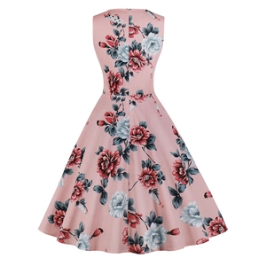 Pink sleeveless floral flare dress with classic 50s Audrey Hepburn back view
