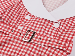 Detailed view of pink gingham dress fabric with white collar, buttons and belt buckle