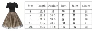Detailed size chart for retro polka dot dress featuring length, bust, waist, and shoulder specs