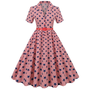 Vintage short sleeve 50s style dress with American flag star and stripe pattern and red belt