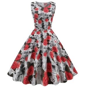 Retro sleeveless A-line dress with red rose floral and vintage newspaper print patterns
