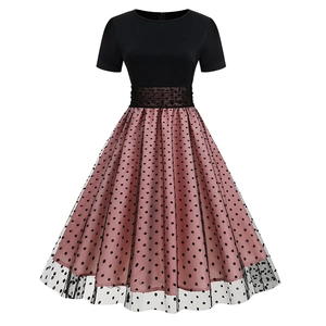 Elegant retro polka dot patchwork dress with short sleeves and a slim waistline