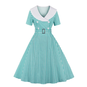 Vintage 1950s style green gingham dress with sailor collar and belt for Barbie cosplay