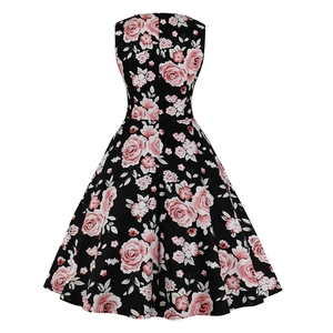 Vintage sleeveless crew neck A-line dress featuring pink rose floral print on black fabric