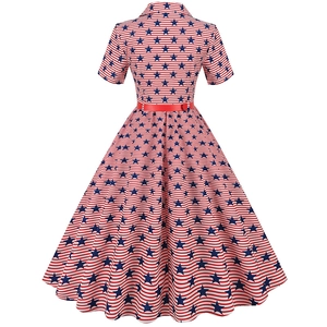 Detail of high waist vintage A-line dress featuring American flag star and stripe print
