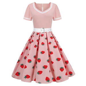 Robe Midi Rétro pour Femmes Col en V Manches Courtes Avec Ceinture Imprimé Fraise Cerise Rockabilly Swing Coupe trapèze 100% Polyester