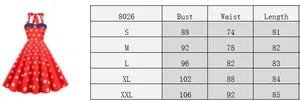 Detailed size chart for American flag vintage halter dress with S to XXL measurements