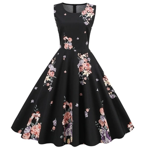 Vintage floral print sleeveless round neck A-line swing dress in Audrey Hepburn style